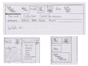 Sketches for navigation for mobile and desktop views of the Bristol Museums website