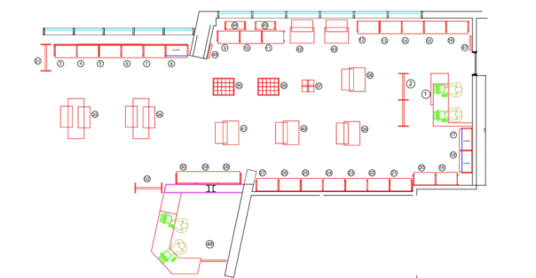 Floor plan birds eye view showing a 2D pln of each part of the shop including all bays.