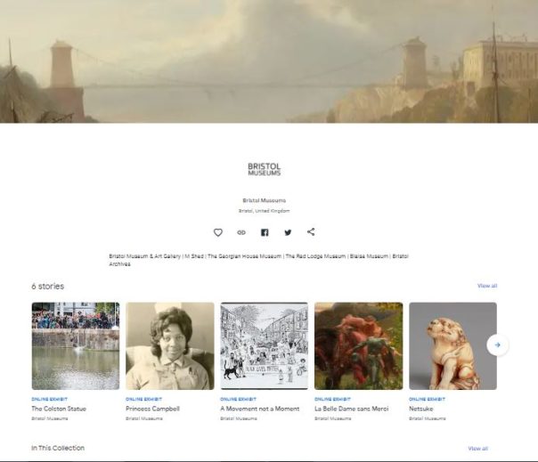 Screenshot of the Bristol Museums Google Arts & Culture partner page. Header image is a painting of the Clifton Suspension Bridge and highlighted are the Online Exhibits.